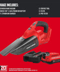 V20 Cordless Hand Vacuum With 45 CFM Power Two Stage Filtration, crevice tool, battery, and charger included in package, red color.
