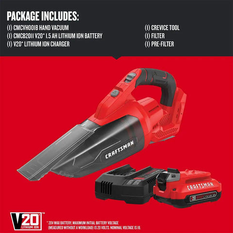 V20 Cordless Hand Vacuum With 45 CFM Power Two Stage Filtration, crevice tool, battery, and charger included in package, red color.