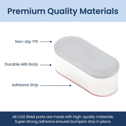 Universal Non Slip Toilet Seat Bumpers 4 Piece Set With Strong Adhesive showing premium ABS and TPE materials