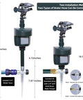 Rock Solid Motion Activated Yard Sprinkler With Adjustable 360 Spray Head showing two installation methods and size measurements.