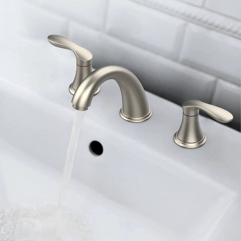 Brushed Nickel Bathroom Sink Faucet Set, Widespread 3-Hole Deck Mount With Stainless Pop-Up Drain, Lead-Free Hose, side view