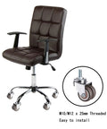 Set Of Five 2 Inch Swivel Caster Wheels Featuring M10 X 25mm Threaded Stem, suitable for office chair repair, shown with brown chair.