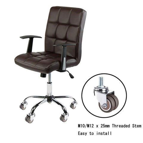 Set Of Five 2 Inch Swivel Caster Wheels Featuring M10 X 25mm Threaded Stem, suitable for office chair repair, shown with brown chair.
