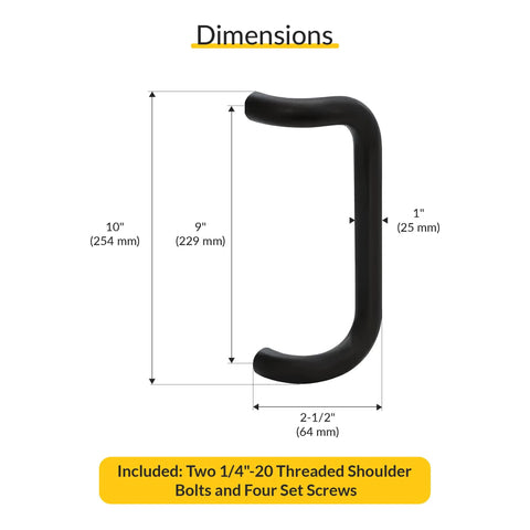 Aluminum Pull Handle 10 Inch Length, 9 Inch Center To Center, 1 Inch Diameter, Matte Black Finish, shown with dimensions.