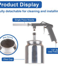 No Nonsense Undercoating Spray Gun Kit With 25 Oz Suction Feed Cup And Stainless Steel Body showing detachable nozzle and 25 oz cup.