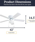 Alvina 42 Inch Ceiling Fan With Light and LED Kit showing 42-inch blade span and 14.5-inch height from ceiling to light kit