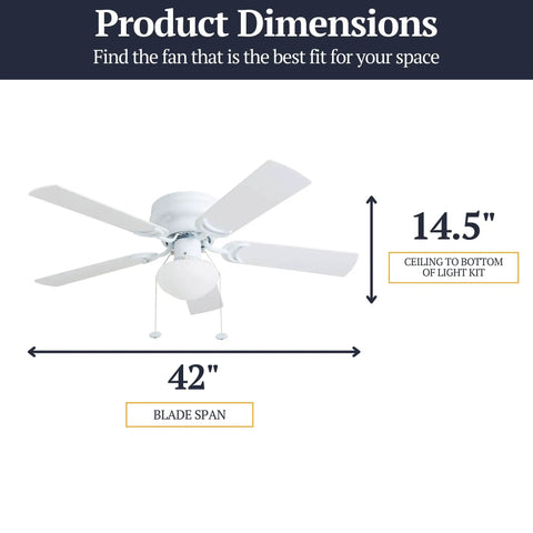 Alvina 42 Inch Ceiling Fan With Light and LED Kit showing 42-inch blade span and 14.5-inch height from ceiling to light kit