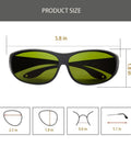 Pro Grade 1064Nm Laser Eye Protection Goggles OD6 Plus Safety Glasses with green tint, black frame, size details view