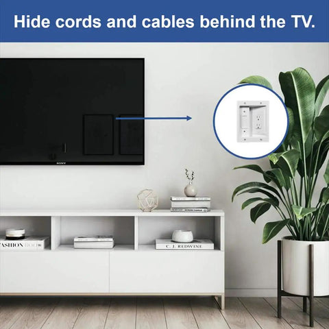 Slick In Wall Cable Management Kit For TV Hides Power And Low Voltage Lines Behind Drywall, dual outlet in wall installation.