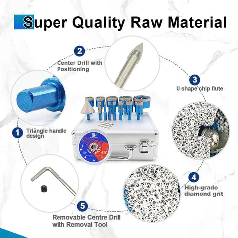 Diamond Tile Hole Saw Kit With Pilot Bit And Chamfer Blade for Porcelain Ceramic Stone Marble, includes various core bits and tools.
