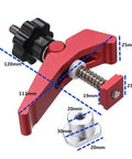 Heavy Duty T Slot Hold Down Clamp Set For Precision Woodworking Benches with quick twist lock knobs and red aluminum construction.