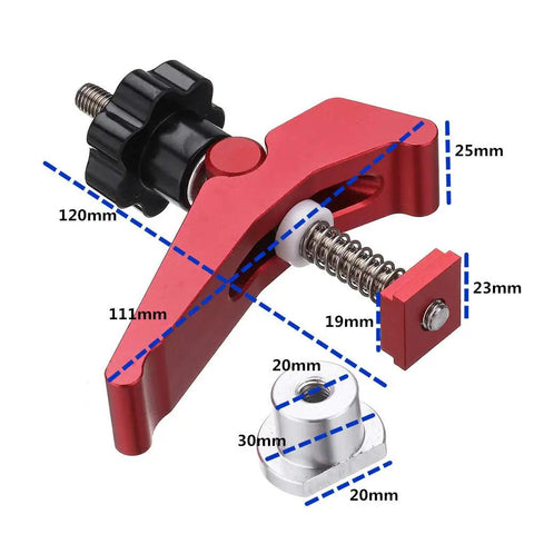 Heavy Duty T Slot Hold Down Clamp Set For Precision Woodworking Benches with quick twist lock knobs and red aluminum construction.