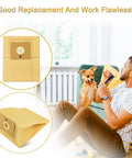 10 Pack Replacement Vacuum Bags For Zing Canister Vacuums Compatible With 4122 4122D 2154A 2154W 2154C 1668 1668C 1668W 1608, shown with user and pet, thick material
