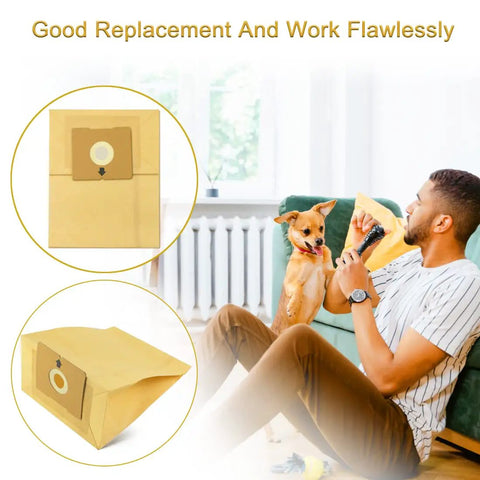 10 Pack Replacement Vacuum Bags For Zing Canister Vacuums Compatible With 4122 4122D 2154A 2154W 2154C 1668 1668C 1668W 1608, shown with user and pet, thick material