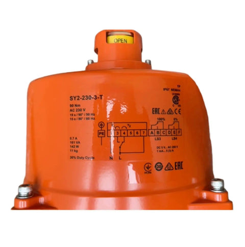 Top Tier High Speed Motorized Damper Actuator Sy2-230-3-T orange unit with detailed specs for HVAC control installation.