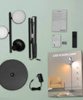 Components of LED Tree Floor Lamp With 3 Adjustable Rotating Heads And Stepless Dimming with packaging and remote.