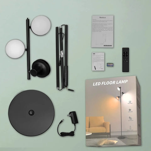 Components of LED Tree Floor Lamp With 3 Adjustable Rotating Heads And Stepless Dimming with packaging and remote.