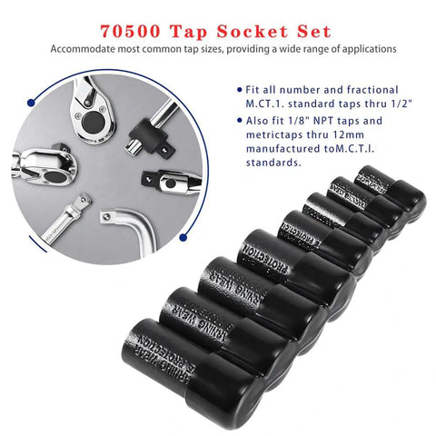 8-Piece Tap Socket Set For 1/4 And 3/8 Inch Drives Fits MCTI Standard Taps Up To 1/2 Inch 1/8 NPT And Metric Taps To 12mm