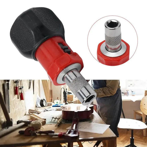 Heavy Duty Compact Quarter Inch Hex Ratchet Screwdriver With Quick Forward Reverse Switch And Slick Pocket Friendly Design close-up of chuck and grip handle in workshop setting.