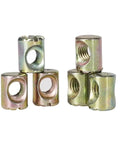 Barrel Nuts And Bolts Cross Dowel Slotted Furniture Nut M6x10-12mm Durable Diy Hardware For Quick Strong Furniture Joints Pack Of 2, 5, Or 10 Pieces Easy Install Fits Most Furniture Frames Reliable Connection, showing a stack of silver and gold nuts on white background.