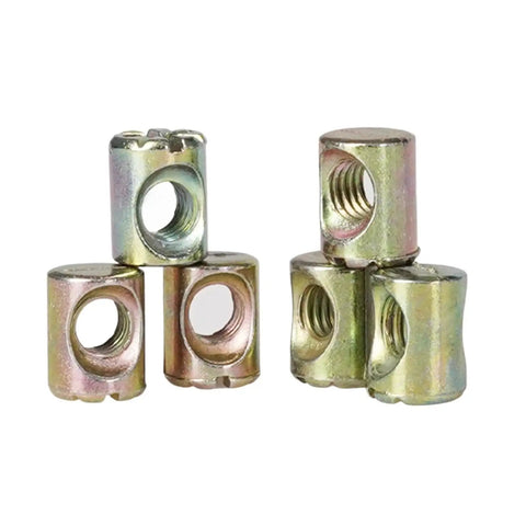 Barrel Nuts And Bolts Cross Dowel Slotted Furniture Nut M6x10-12mm Durable Diy Hardware For Quick Strong Furniture Joints Pack Of 2, 5, Or 10 Pieces Easy Install Fits Most Furniture Frames Reliable Connection, showing a stack of silver and gold nuts on white background.
