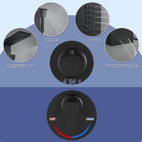 Slick Matte Black 4 In 1 Shower Panel Tower Featuring Killer Massage Jets Rainfall Head And Handheld Wand For A Game Changing Modern Bathroom Upgrade Setup