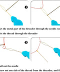 Diagram showing steps to use a 12 Pack Automatic Needle Threaders For Hand And Machine Sewing No Hassle Easy Eye Threaders.