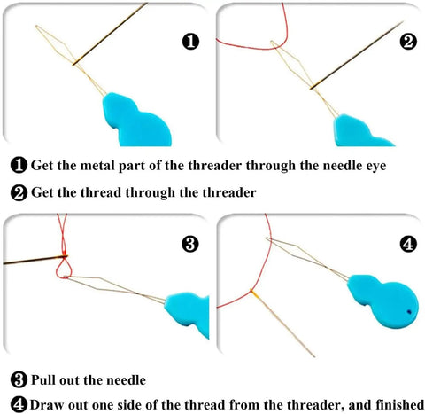 Diagram showing steps to use a 12 Pack Automatic Needle Threaders For Hand And Machine Sewing No Hassle Easy Eye Threaders.