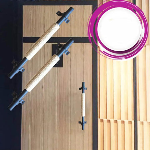 Top view of Wrought Iron Sliding Barn Door Handle Kit With Hemp Rope Accents For Cabinets And Doors mounted on wood panel.