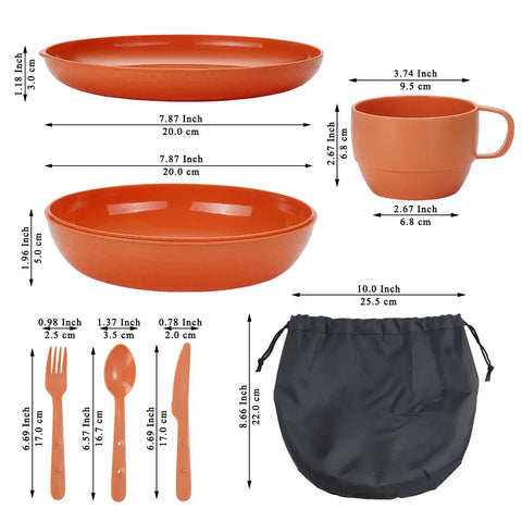 Lightweight Six Piece Camping Mess Kit With Nesting Bowl Plate Cup Spoon Fork Knife And Carry Bag dimensions shown