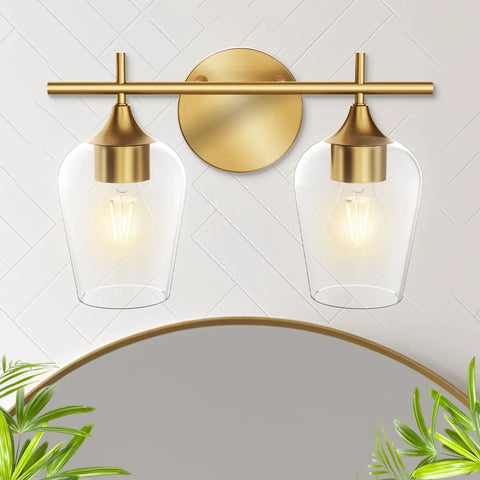 Gold Champagne Glass Vanity Lights Over Mirror, 2 Light Modern Wall Mount Fixture For Bathroom, electroplated metal finish