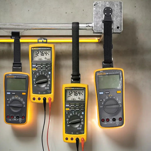 Magnetic Multimeter Hanging Kit With Straps Clips And A Magnet Hanger securing three Fluke meters in a testing setup