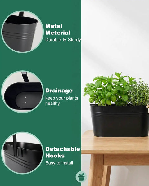 16 Inch Railing Planter Set Of 3 For Outdoor Plants With Detachable Hooks And Drain Holes Large Metal Balcony Pots, side view