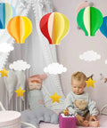 Colorful Hot Air Balloon Paper Decorations 4 Pack with Clouds and Stars Hanging Garland for Kids Room Decor and Party Backdrops
