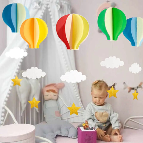 Colorful Hot Air Balloon Paper Decorations 4 Pack with Clouds and Stars Hanging Garland for Kids Room Decor and Party Backdrops