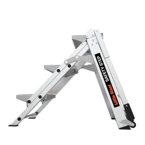 Foldable Three Step Safety Stool With Extra Wide Treads And Rubber Non Slip Grips For Stable Comfortable Indoor Use Perfect For Reaching Cabinets And Shelves And Everyday Home Projects Step Up Your DIY Game. Folded aluminum three-step stool side view