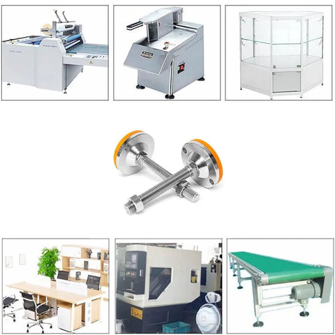 Adjustable Leveling Screw Legs with heavy duty anti skid rubber feet for equipment stabilizers in industrial settings.