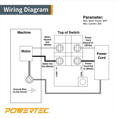 Wiring diagram for Heavy Duty Workhorse Plug And Play Dual Voltage Paddle Switch with machine and power cord connections.