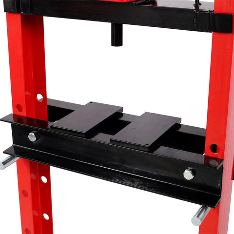 Built Different 20 Ton Hydraulic Shop Press Heavy Duty Steel Garage Powerhouse view of pressing plate and support structure.