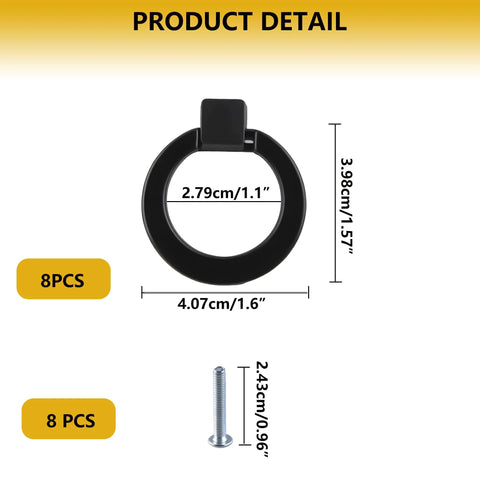 Matte Black Aluminum Ring Pulls 8 Pack Heavy Duty Single Hole Cabinet Knobs Inner Diameter 28mm Outer Diameter 41mm