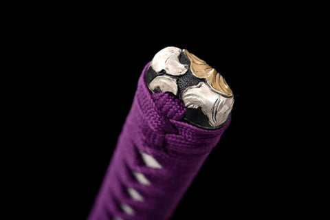 Close-up of decorated katana handle wrapped in Purple Silk Sageo Ito Wrap Cord For Katana Wakizashi And Tanto Handles, Synthetic Silk Cotton 400cm