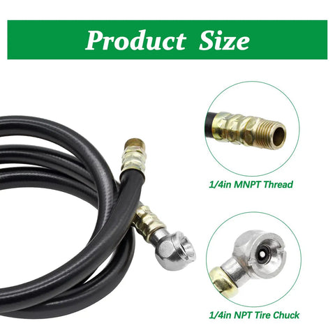 The Real Deal Air Hose Replacement Kit With Brass Manifold Valve And 0 200 Psi Pressure Gauge For Air Compressor Tank Servicing Setup Includes 4 Foot Filling Hose Raw Material Belt To Upgrade Your Pneumatic Rig Right Now showing 4-foot filling hose with 1/4in MNPT thread.