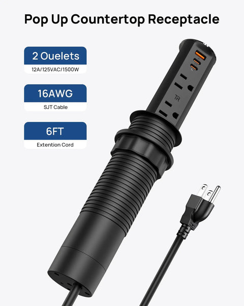 No Sweat Install 2 Inch Pop Up Receptacle For Countertops And Desks, Spring Loaded Design with dual outlets and 6ft cord.