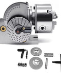 Rock Solid Universal Indexing Head For Rotary Table Featuring Precision Milling Three Jaw Chuck With Smooth Vertical And Horizontal Operation Dead Nuts Accurate Angle Adjustment Up To Ninety Degrees Eight Inch Kit with accessories on a white background.