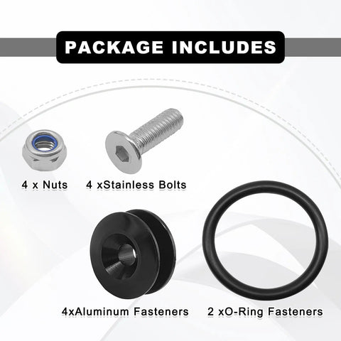 Package contents of Heavy Duty Car Bumper Quick Release Kit With CNC Billet Aluminum Fasteners and Nitrile Rubber O Rings shown