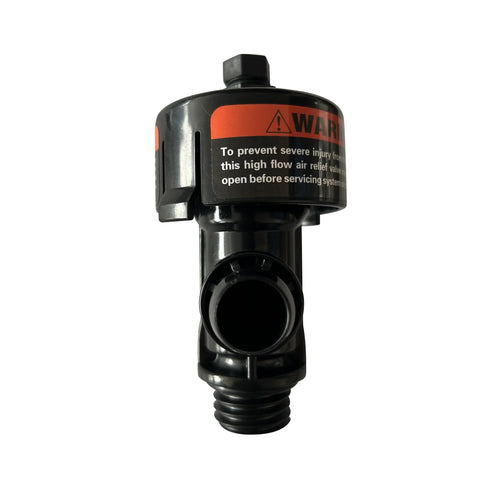 HJSIUTV high-flow air relief valve; black plastic with orange warning label and bottom threaded connection for pool/spa filter.