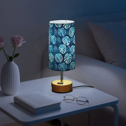 Watercolor Palm Leaf Blue Bedside Table Lamp With 3 Way Dimmable Touch Control And Built In Charging Station for Bedroom Nightstand