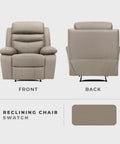 41 Inch Wide Manual Recliner Chair With Top Grain Leather Match, front and back view, latte color swatch, wall hugger design