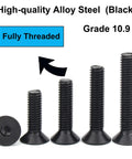 125 Piece Grade Ten Point Nine Alloy Steel Flat Head Hex Socket Cap Screws Set M3 X 8 12 16 20 25 MM With Allen Key Black Oxide Finish Fully Threaded For Heavy Duty Projects.