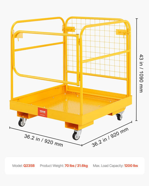 Forklift man basket, 36 x 36 in, yellow steel safety cage with wheels